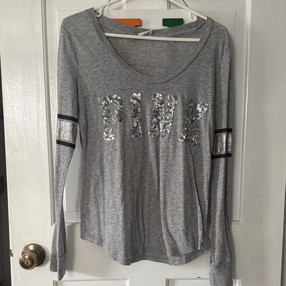 PINK Victoria's Secret Sequin Gray Long Sleeve Tee